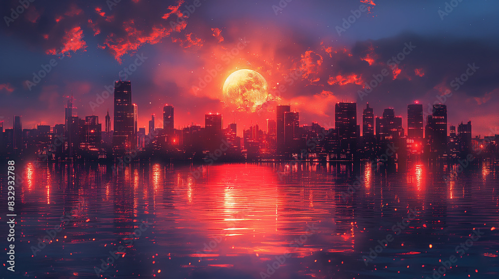 Fototapeta premium Modern city painting with sunset