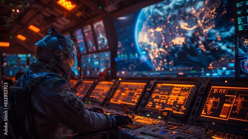 Fototapeta Naklejka Na Ścianę i Meble -  Astronaut Operating Controls in Space Station. Astronaut in a space station operating controls and monitoring systems, depicting high-tech space operations and exploration.