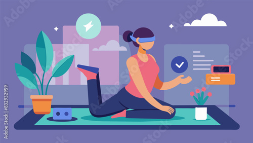 In between Pilates exercises you are transported to a virtual world where you can relax and recharge before continuing with the next set.. Vector illustration