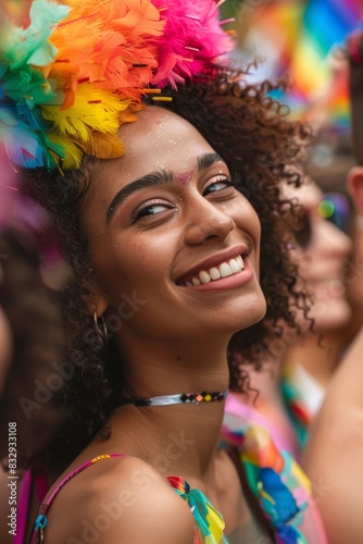 A woman with a colorful headpiece is smiling and looking at the camera. Concept of joy and celebration, as the woman is at a festival or a party. The vibrant colors of her headpiece