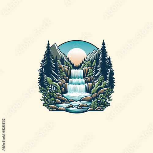WATERFALL IN THE FOREST WATERFALL IN THE MOUNTAINS ILLUSTRATION FOR LOGO BADGES POSTER EMBLEM