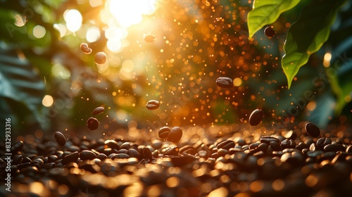 Coffee Beans in Mid-Air with Sunlight. Coffee beans suspended in mid-air with a backdrop of sunlight filtering through green leaves, creating a magical, dynamic scene. photo