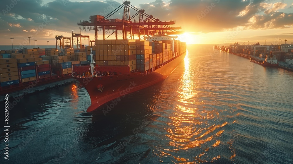 Container Ship Sailing at Sunset. Container ship sailing through a harbor at sunset, showcasing international trade and global shipping logistics. Container Ship Sailing at Sunset. Container ship sailing through a harbor at sunset, showcasing international trade and global shipping logistics.