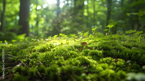 Close-up of a patch of lush green moss growing on a forest floor, with sunlight filtering through the leaves above