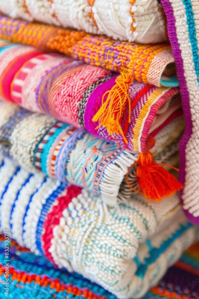 Close-up of a stack of colorful beach towels, emphasizing their different textures, patterns, and playful tassel Close-up of a stack of colorful beach towels, emphasizing their different textures, patterns, and playful tassel