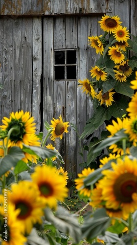 Close-up of a weathered barn door framed by vibrant sunflowers, capturing the rustic charm of a summer landscape