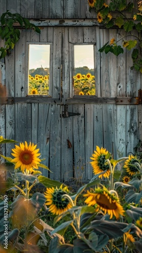 Close-up of a weathered barn door framed by vibrant sunflowers, capturing the rustic charm of a summer landscape