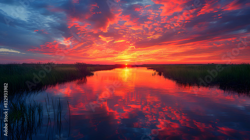 A nature wetland during sunset, the sky ablaze with colors, and the water reflecting the hues