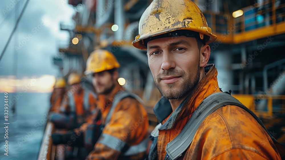 Oil Rig Workers in Safety Gear. Oil rig workers in safety gear and uniforms, focusing on teamwork and safety on the offshore platform.