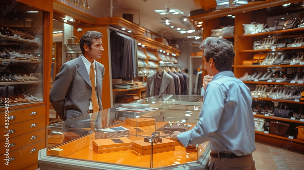 Men Shopping in Luxury Store. Two men shopping in a luxury store, engaging with high-end merchandise, creating a sophisticated retail experience. Men Shopping in Luxury Store. Two men shopping in a luxury store, engaging with high-end merchandise, creating a sophisticated retail experience.