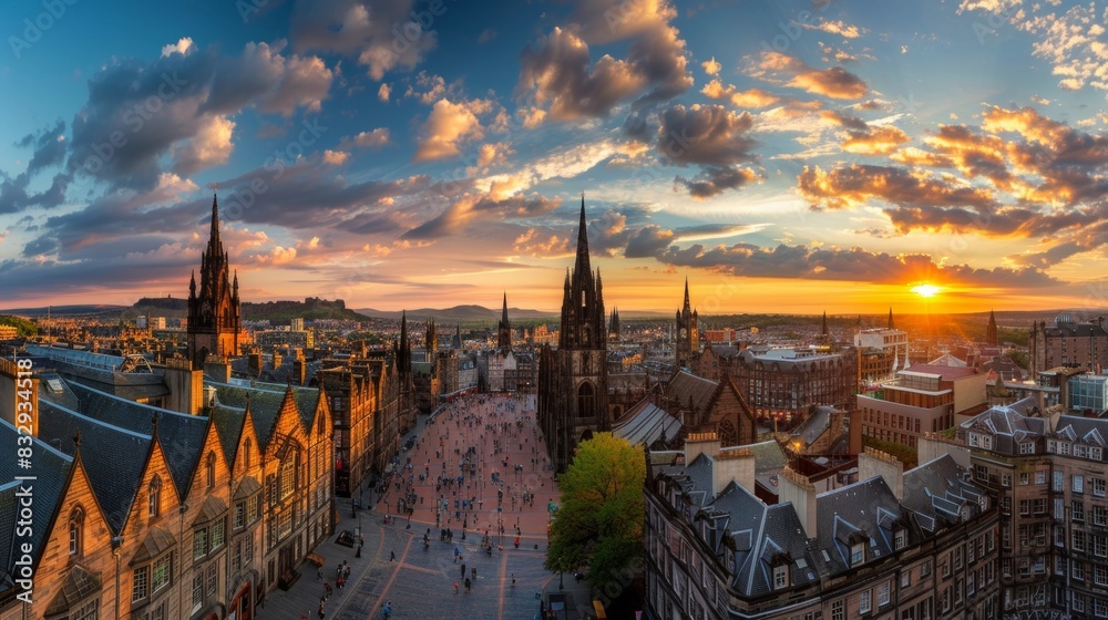 Obraz premium Panoramic view of a historic European city, cobblestone streets, quaint buildings, and a towering cathedral against a sunset sky