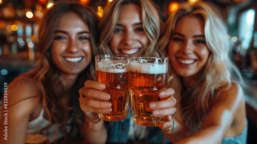 Friends Toasting with Beers at Pub. Three friends happily toasting with beers at a pub, capturing the joy and camaraderie of a social night out. Friends Toasting with Beers at Pub. Three friends happily toasting with beers at a pub, capturing the joy and camaraderie of a social night out.