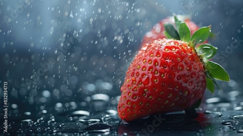 Fresh and vibrant strawberry with raindrops on a dark backdrop perfect for eye catching advertising to encourage quick purchase