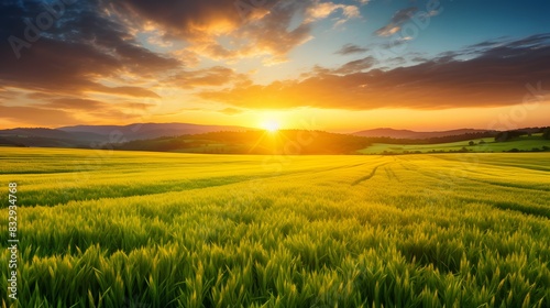 Golden Sunrise Over a Peaceful Field Illuminating the Natural Landscape