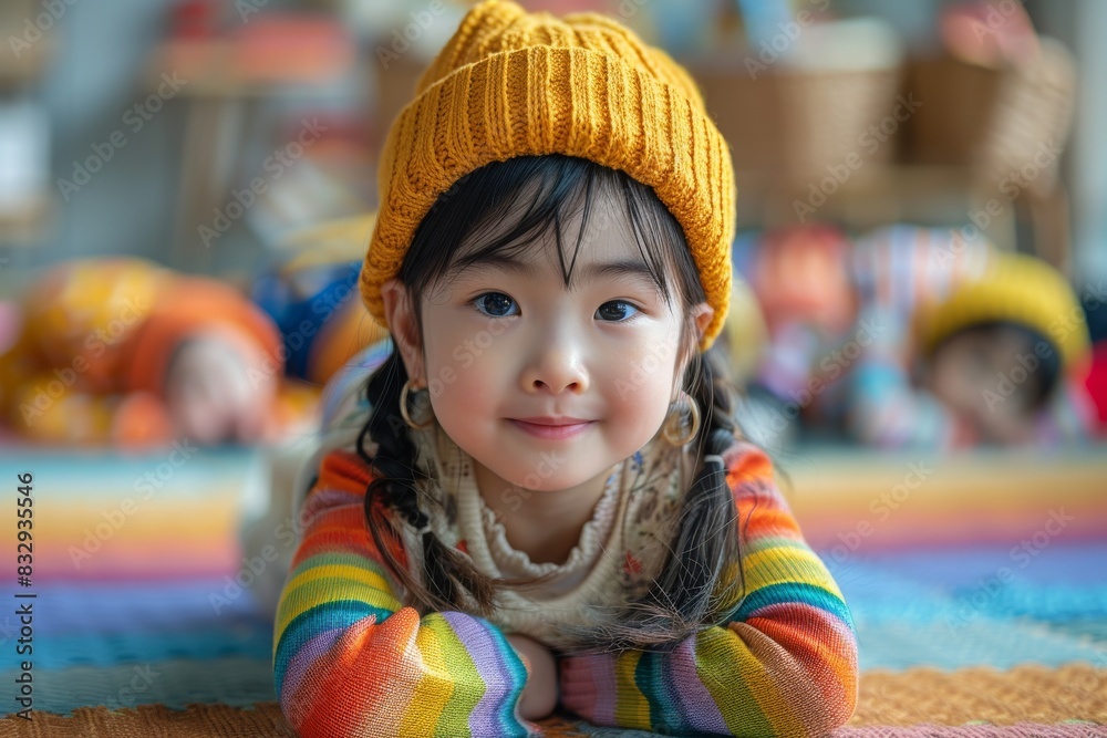 A bright-eyed girl in colorful attire and a knitted cap poses indoors with a joyful expression A bright-eyed girl in colorful attire and a knitted cap poses indoors with a joyful expression