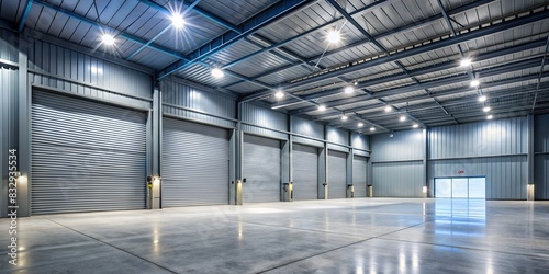 An empty industrial warehouse with a roller shutter and concrete floor, lit up by night lights photo