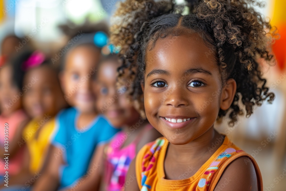 A portrait of a smiling girl with curly hair, in a vibrant classroom with classmates in soft focus A portrait of a smiling girl with curly hair, in a vibrant classroom with classmates in soft focus