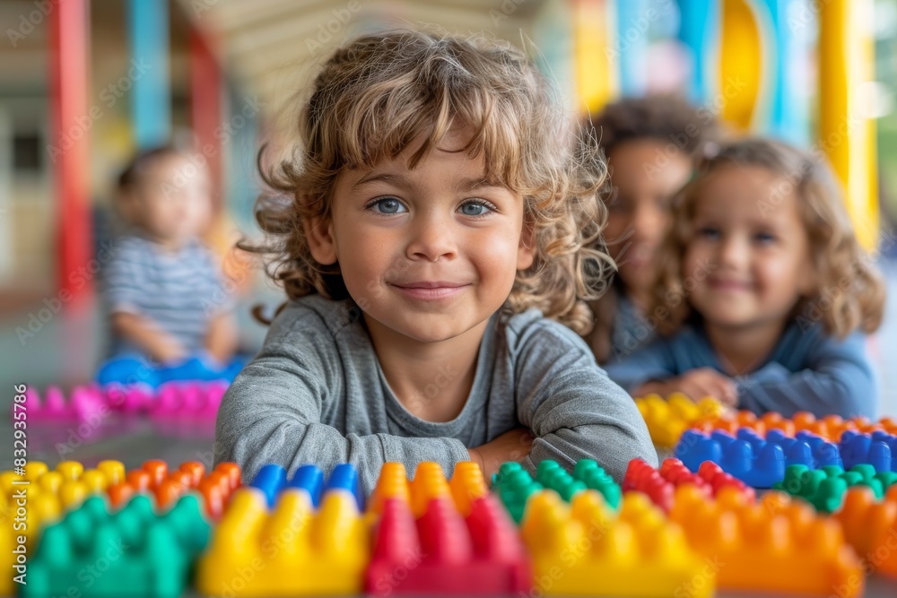Smiling boy in a grey sweater playing with colorful building blocks in a school setting Smiling boy in a grey sweater playing with colorful building blocks in a school setting