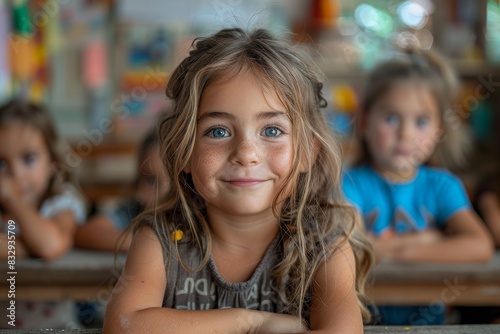 Girl with freckles and a candid smile poses in a classroom with peers blurry in background