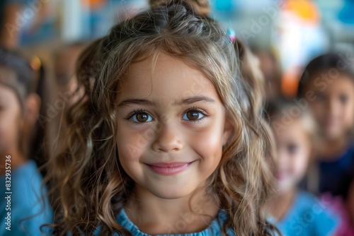 Close-up portrait of a young girl with a captivating smile and curly brown hair in a classroom setting