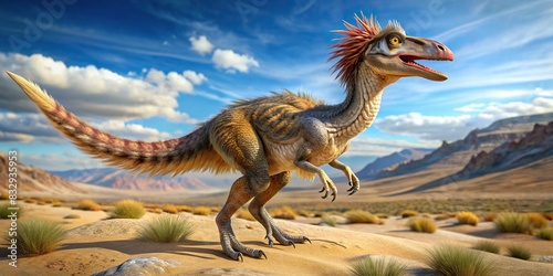 Close-up of an oviraptor therapod feathered dinosaur in the Mongolian Gobi Desert