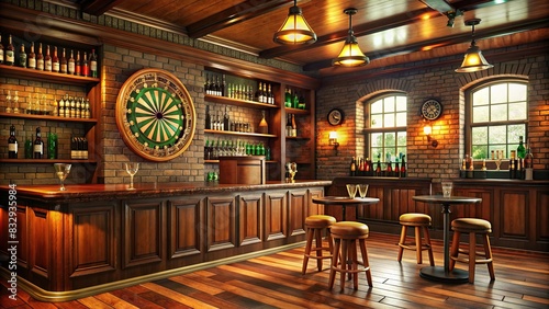 Cozy Irish pub interior with wooden bar, Guinness taps, and darts board photo