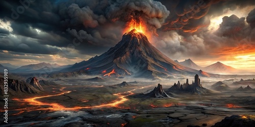 Dark and desolate of Mordor land with erupting volcano and barren landscapes photo