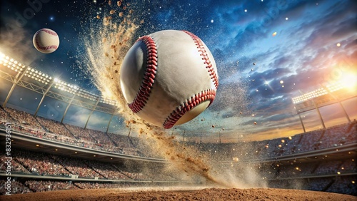 Close up of a baseball flying through the air after being hit by an iconic player photo