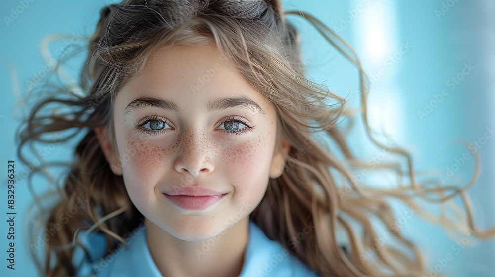 A 10-Year-Old Latin Happy Girl Posing for an Advertisement in School Uniform, in the Style of Breakdance Photography, Navy Blue and Sky Blue, Snapshot Aesthetic, Blink-and-You-Miss- A 10-Year-Old Latin Happy Girl Posing for an Advertisement in School Uniform, in the Style of Breakdance Photography, Navy Blue and Sky Blue, Snapshot Aesthetic, Blink-and-You-Miss-