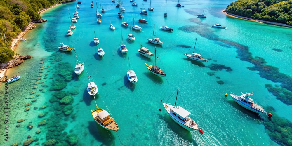 Aerial view of boats moored in turquoise tropical water
