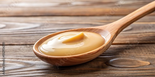 Wooden spoon filled with condensed milk on a background photo