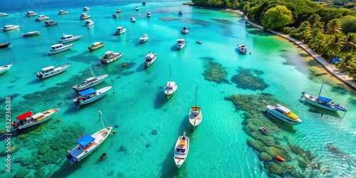 Aerial view of boats moored in turquoise tropical water photo