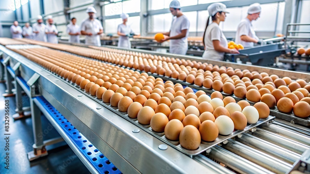 Fresh eggs being sorted and packaged on a modern production line