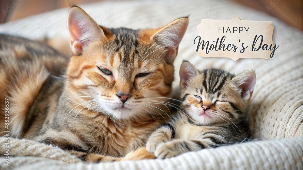 A sweet image of a cat cuddled up with her kitten under a tag wishing Happy Mother's Day, showcasing maternal care and love