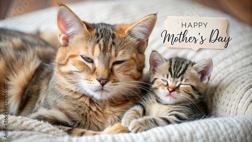 A sweet image of a cat cuddled up with her kitten under a tag wishing Happy Mother's Day, showcasing maternal care and love