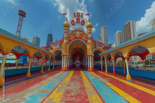 A welcoming entrance to a joyland with bold stripes leading the way, set against an urban skyline photo