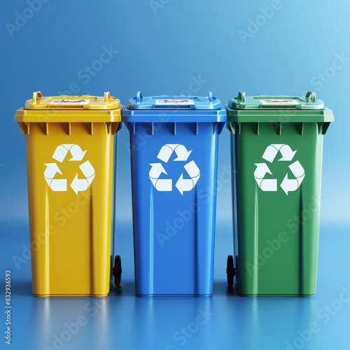 Three colorful recycle bins - yellow, blue, and green - in a row on a blue background. Depicting waste sorting and recycling for environmental conservation and eco-friendly practices. photo