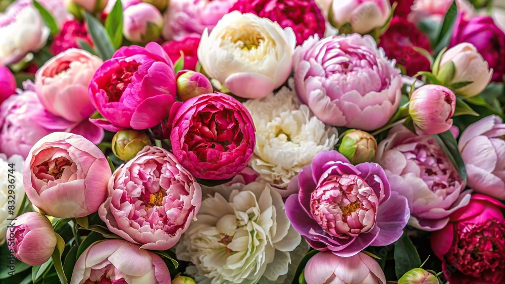 Peonies flowers arranged beautifully on background, perfect for Valentine's Day or wedding themes