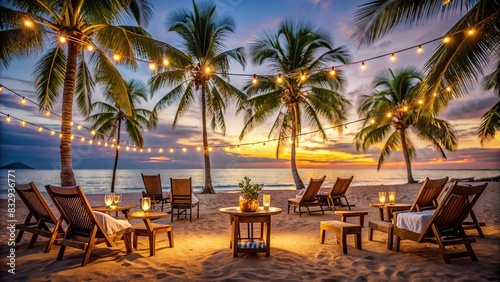 Description 2 Outdoor beach cocktail party with empty vine glasses  beach chairs  string lights  and palm trees