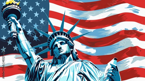 Vibrant illustration of the Statue of Liberty with an American flag in the background, detailed, close up view with bold colors, flat design style with high contrast, Independence Day