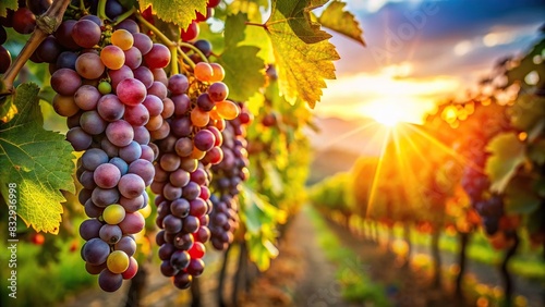 Vibrant image of sun-kissed grapes on a vine in a vineyard during the golden hour