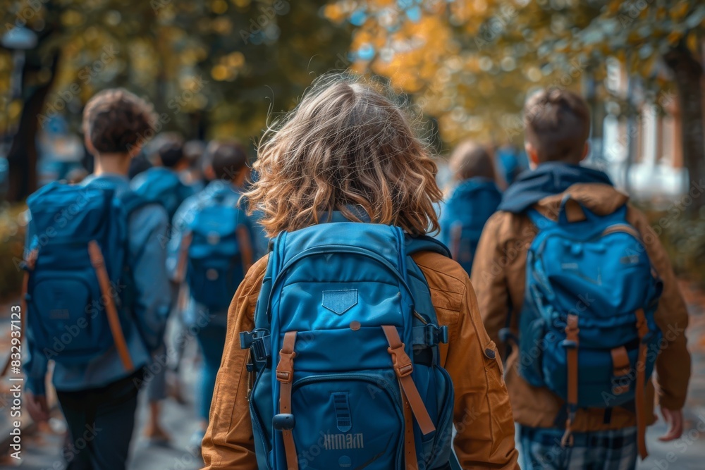 A group of students walking away from the camera, all wearing backpacks, symbolizing friendship and education A group of students walking away from the camera, all wearing backpacks, symbolizing friendship and education
