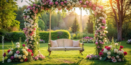 Exquisite backdrop featuring a blooming floral swing set in a serene garden photo