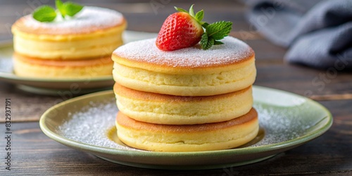 Close-up of Japanese souffle pancakes stacked on a plate photo