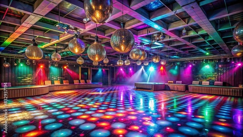 Deserted abandoned disco with glowing lights and retro decor photo