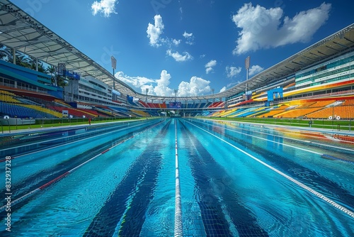 Radiant outdoor swimming pool with marked lanes under a partly cloudy sky  surrounded by colorful seating