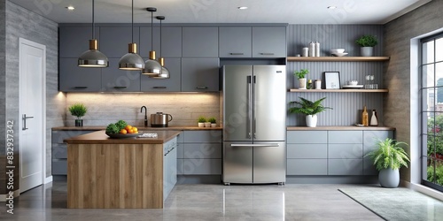 Modern fridge with sleek design in a grey kitchen setting photo