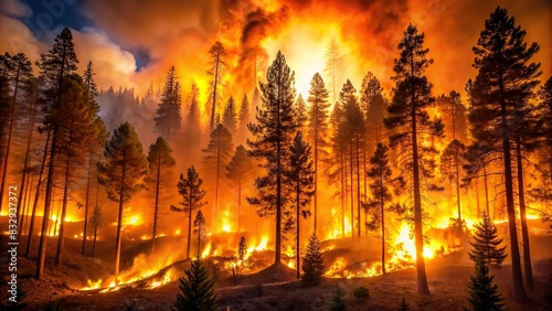 Nighttime forest fire with burning trees  showcasing the destruction caused by wildfires and global warming