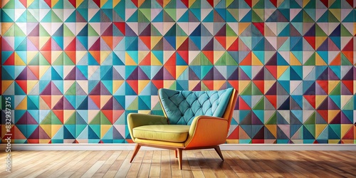 Colorful armchair against a geometric wall in a contemporary interior photo