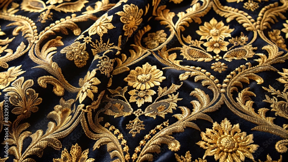 Luxurious black silk velvet cloth with intricate floral patterns and gold threads